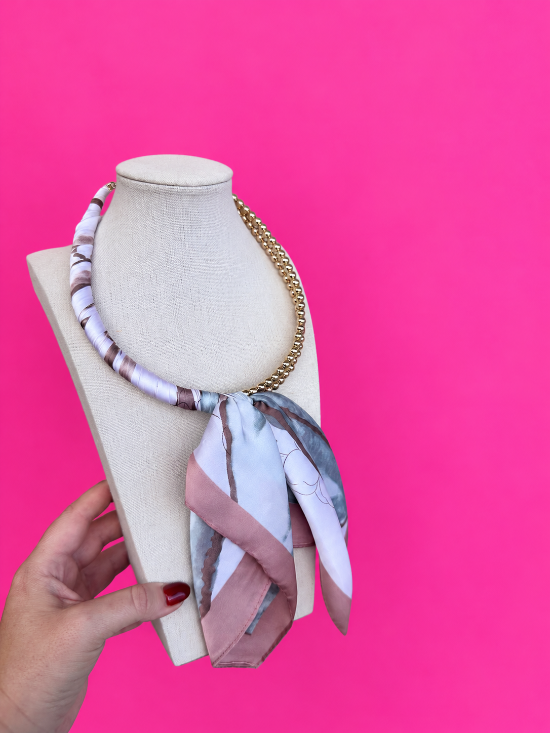 Scarf and Gold Bead Necklace - Pink and Grey