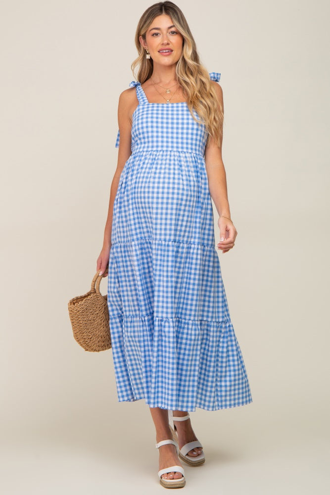 Blue Checkered Sleeveless Tiered Maternity Maxi Dress