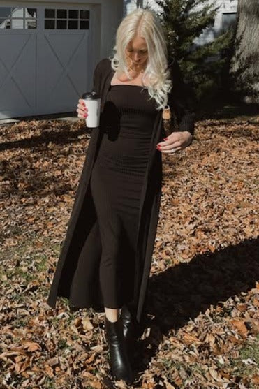 Black Ribbed Sleeveless Dress Cardigan Set