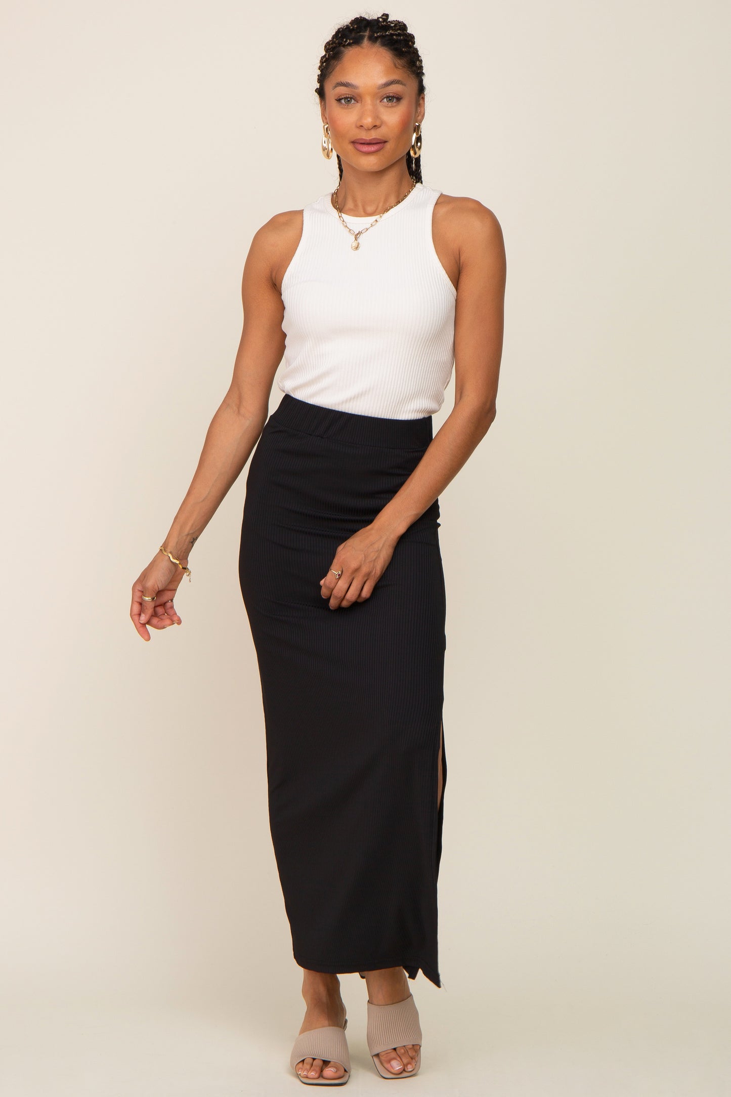 Black Ribbed Side Slit Midi Skirt