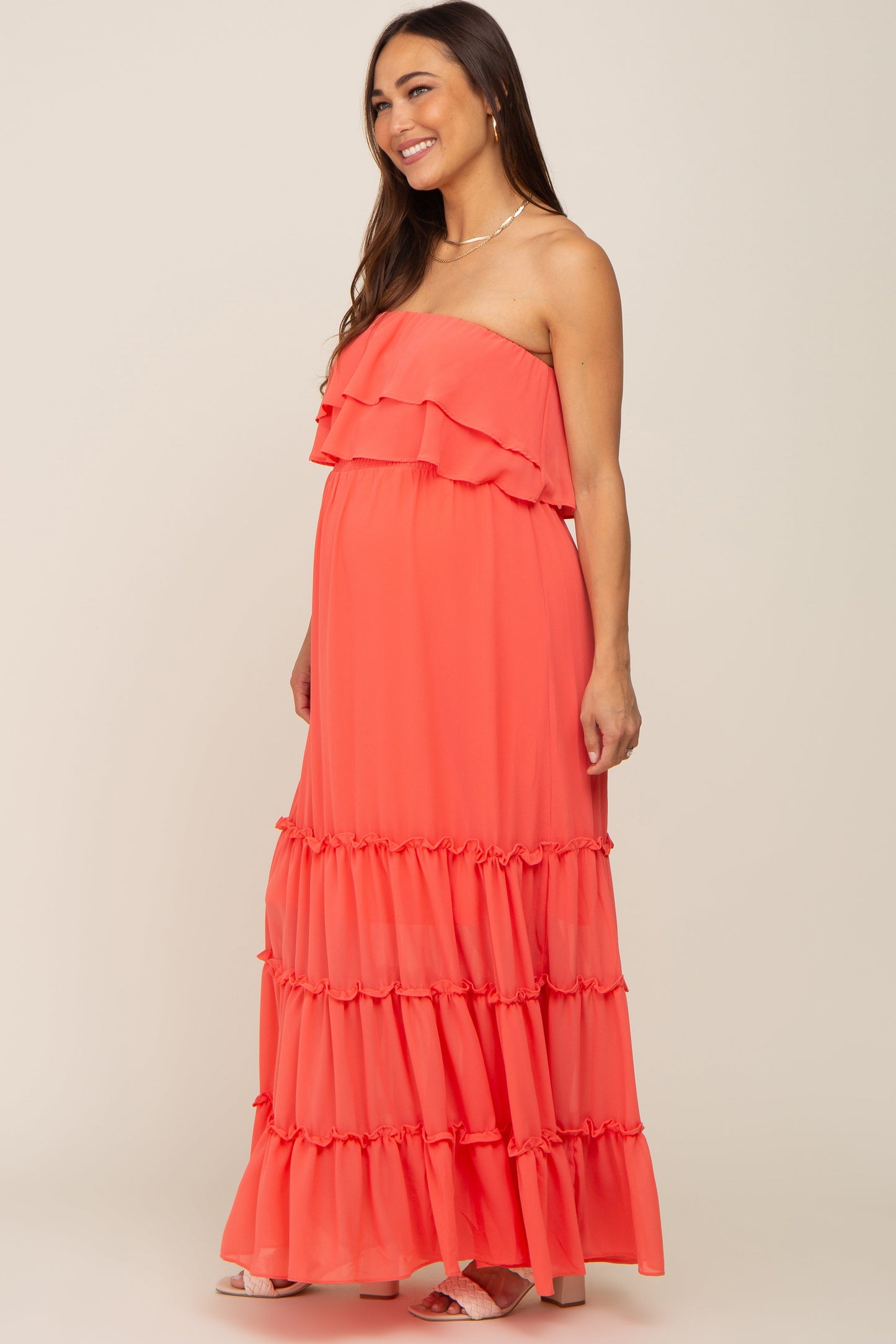 Coral Chiffon Strapless Ruffle Tiered Maternity Maxi Dress