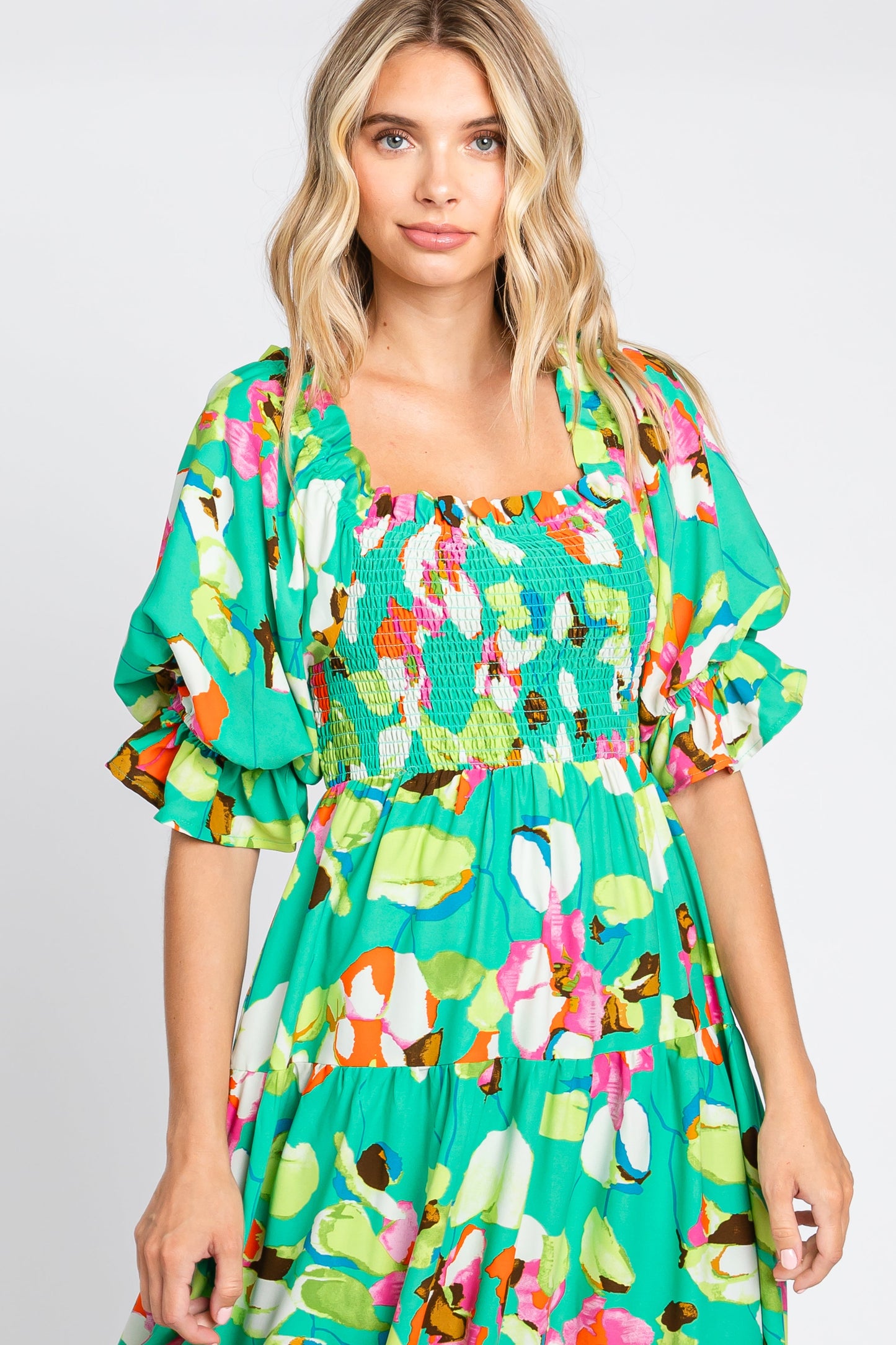 Green Floral Puff Sleeve Midi Dress
