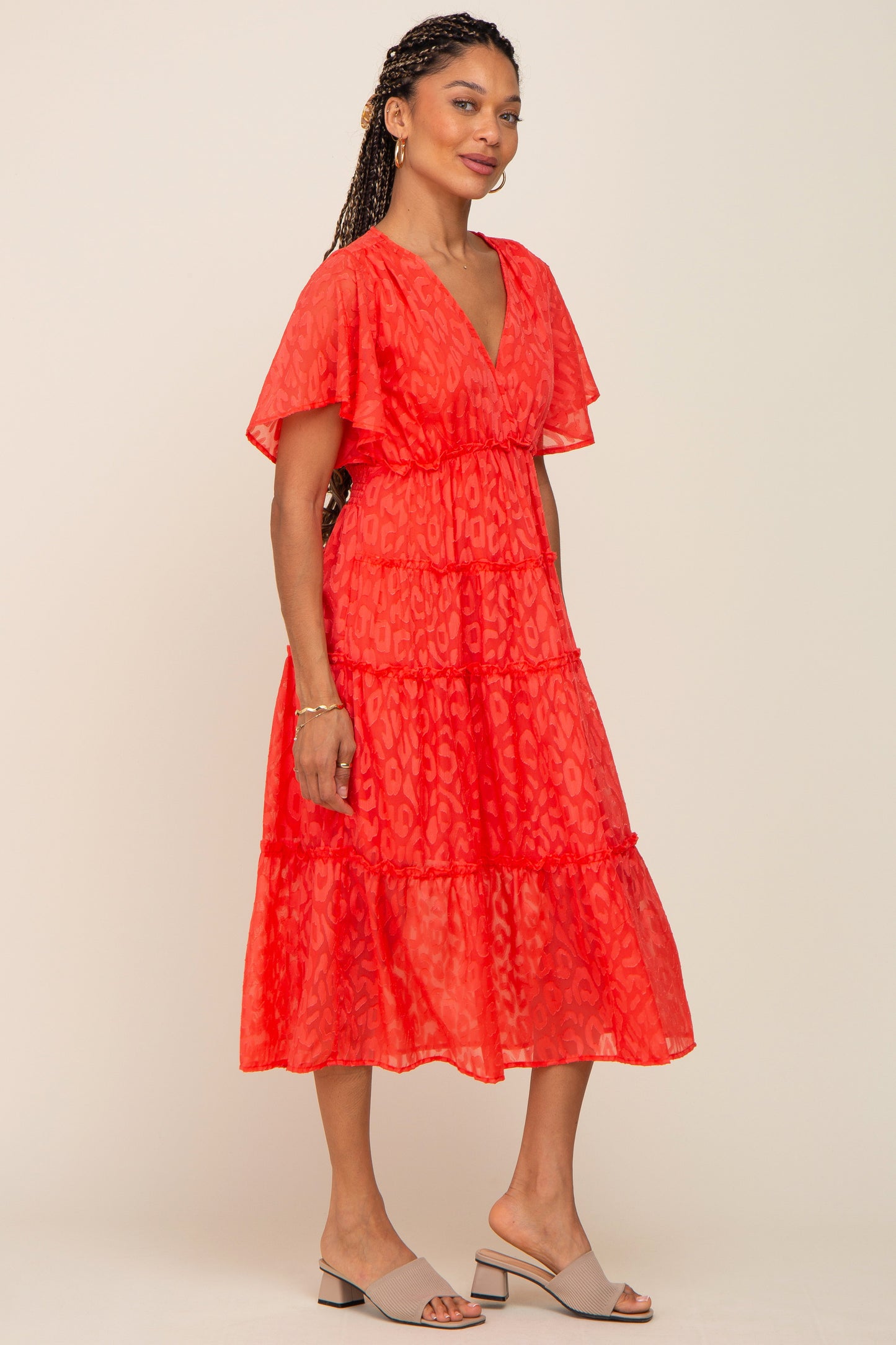 Coral Chiffon Animal Print Tiered Midi Dress