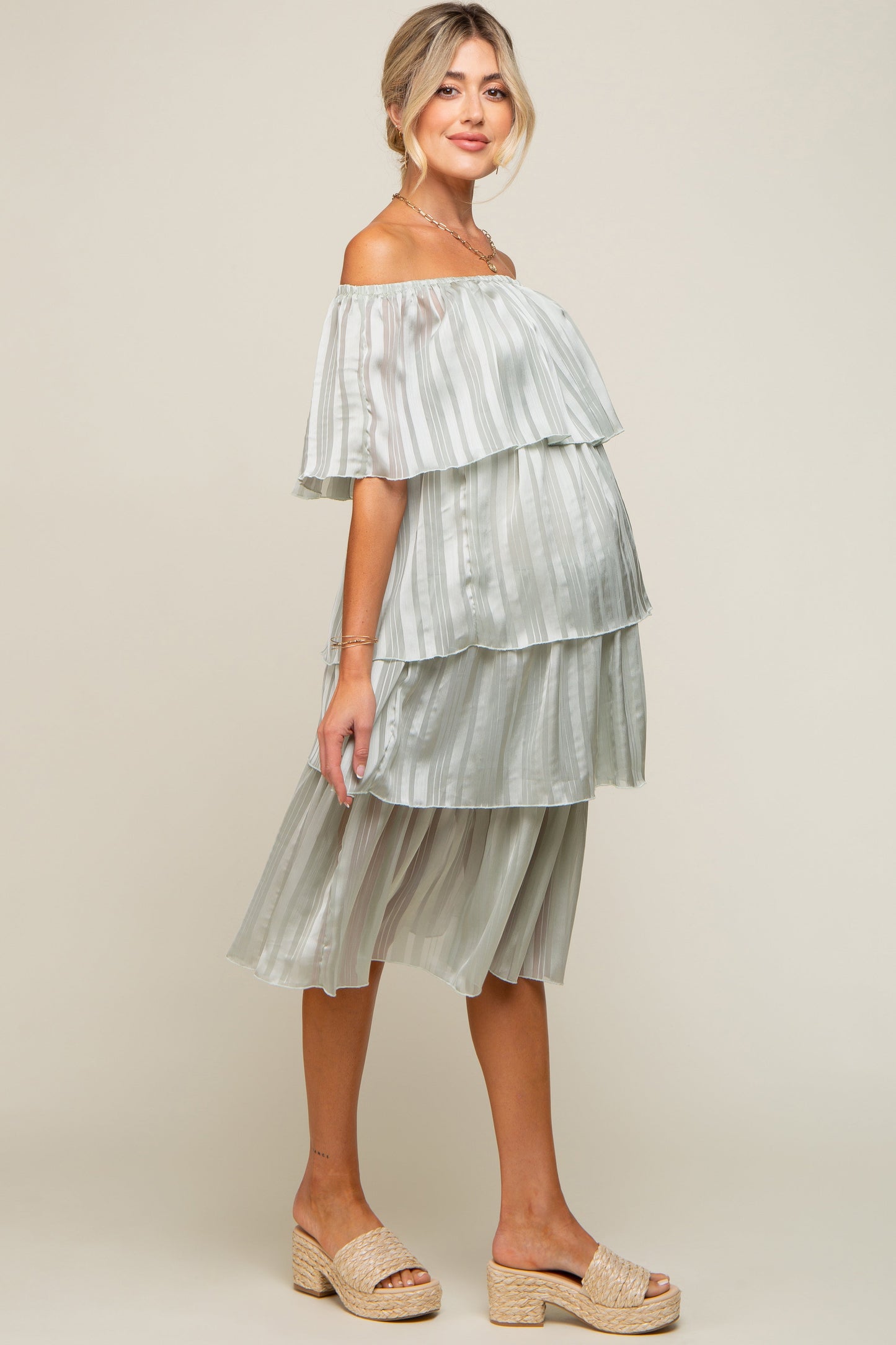 Light Mint Green Striped Layered Maternity Midi Dress