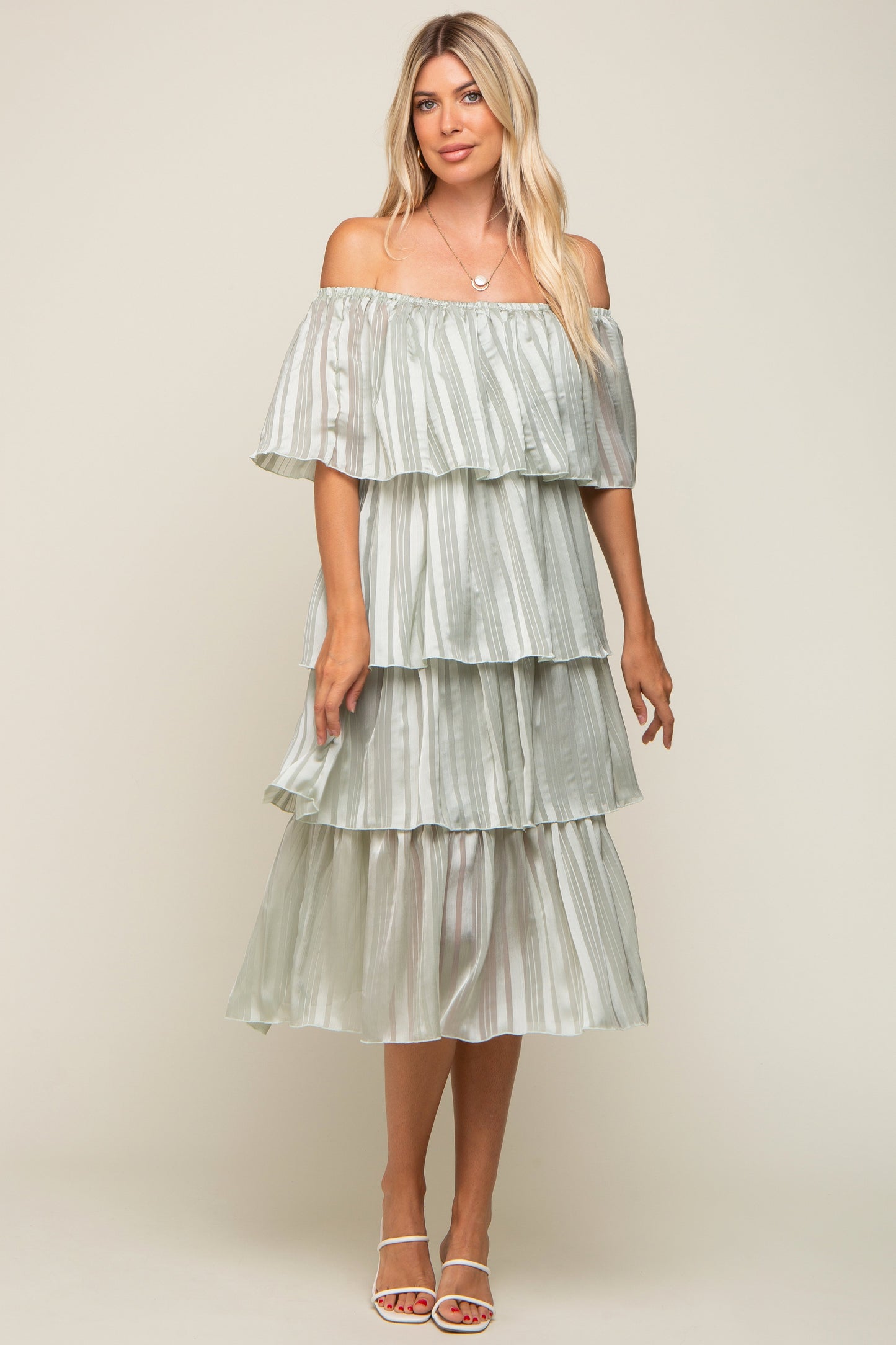 Light Mint Green Striped Layered Maternity Midi Dress