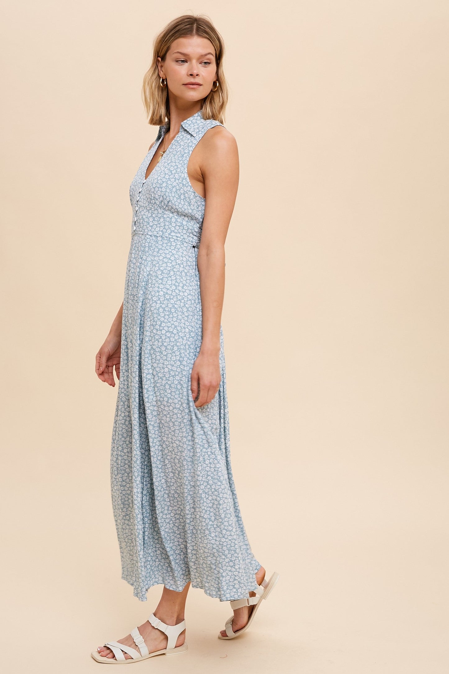 Dusty Sage Sleeveless Collared Midi Dress