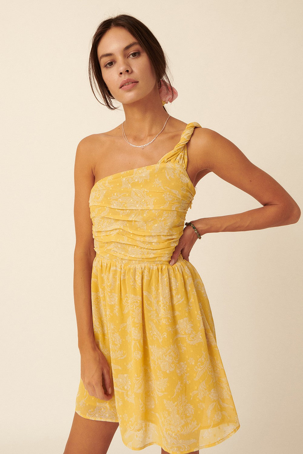 Yellow Floral Swiss Dot Chiffon One Shoulder Mini Dress The Prissy Pelican Yellow Floral Swiss Dot Chiffon One Shoulder Mini Dress The Prissy Pelican
