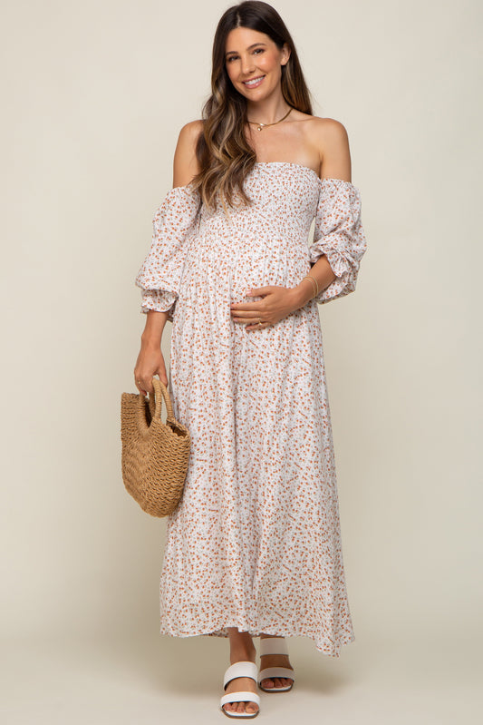 Cream Floral Square Neck Smocked Long Sleeve Maternity Maxi Dress