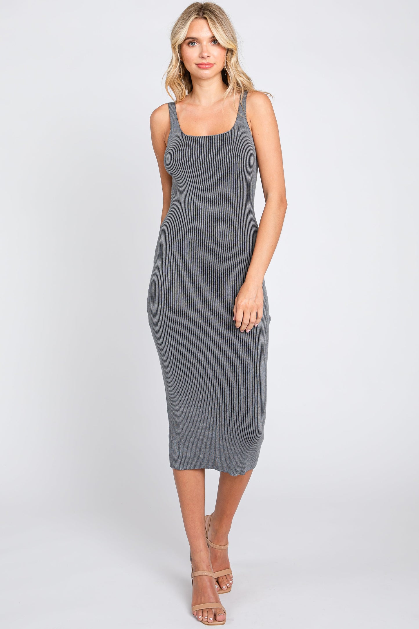 Grey Rib Knit Lace Up Back Maternity Midi Dress