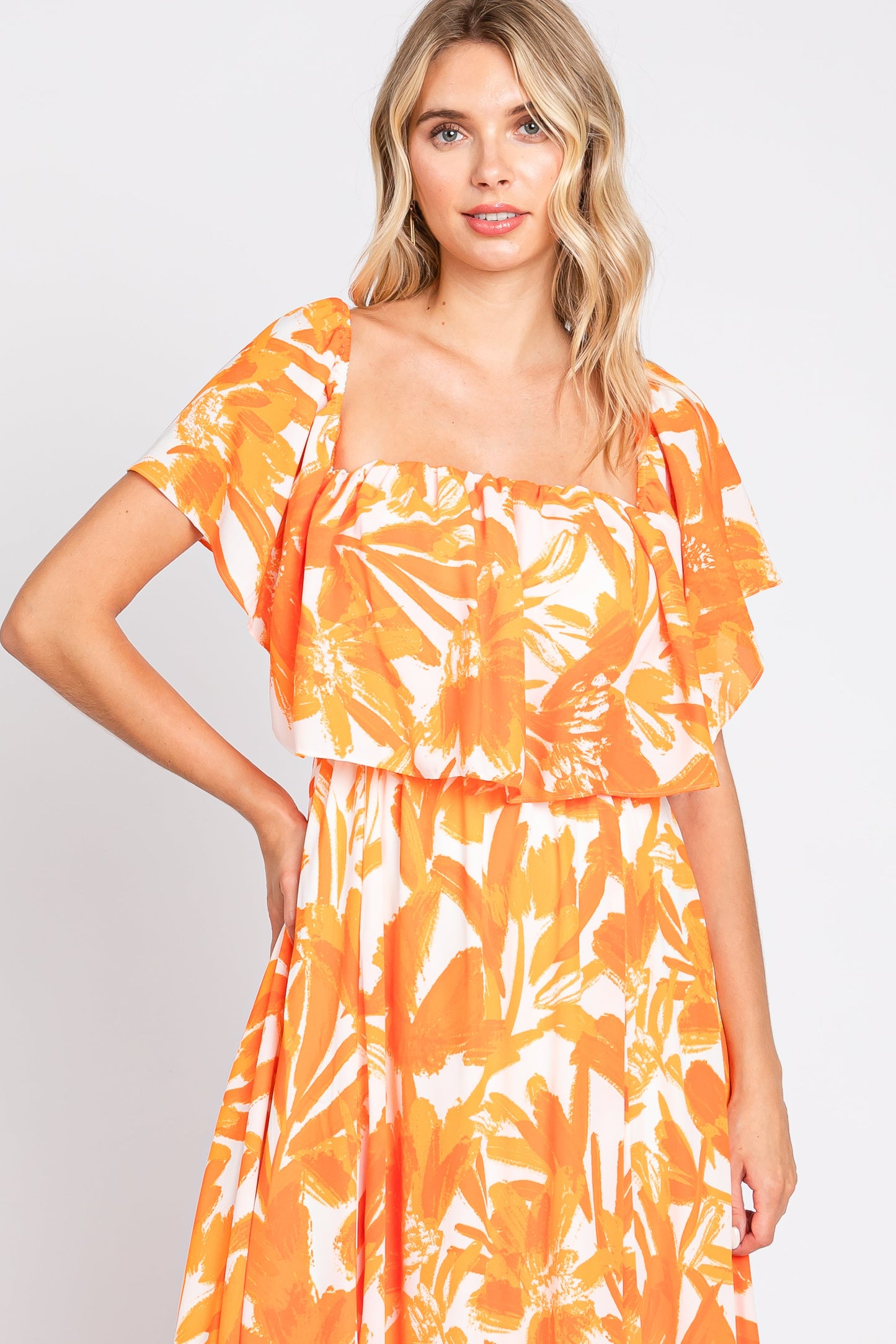 Orange Floral Off Shoulder Flounce Maxi Dress