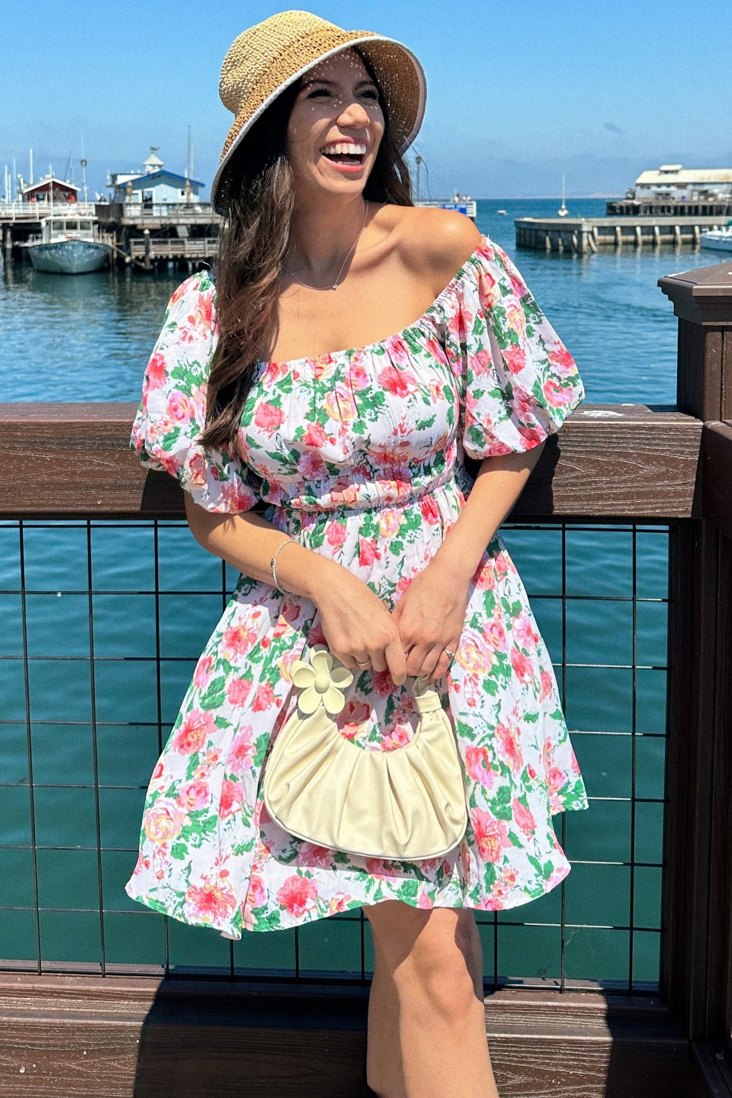 Cream Flower Print Square Neck Cinched Dress