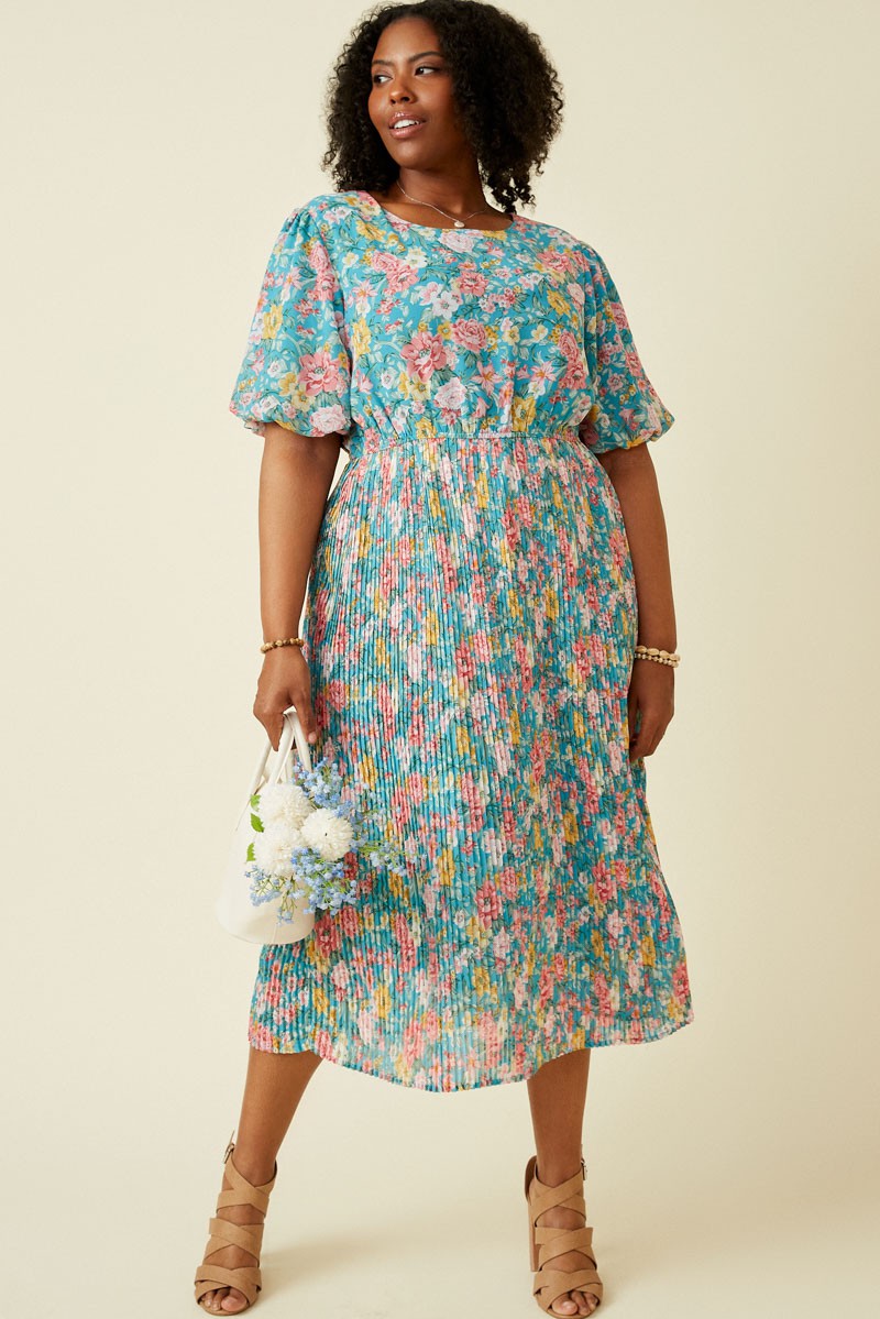 Teal Floral Pleated Plus Size Midi Dress – The Prissy Pelican