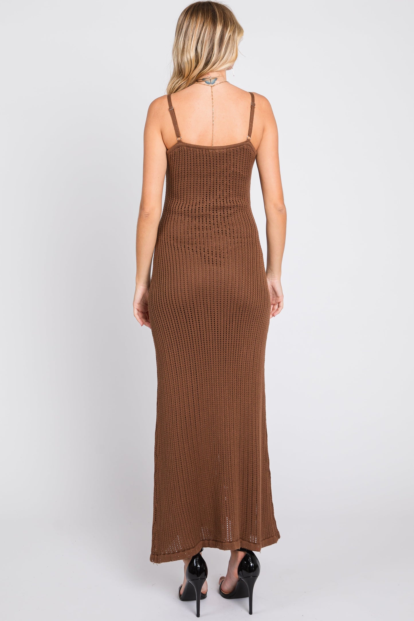 Brown Open Knit Crochet Midi Dress