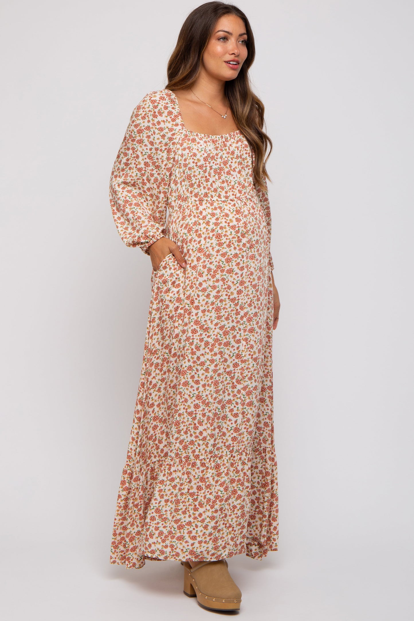 Cream Floral Square Neck Ruffle Maternity Maxi Dress