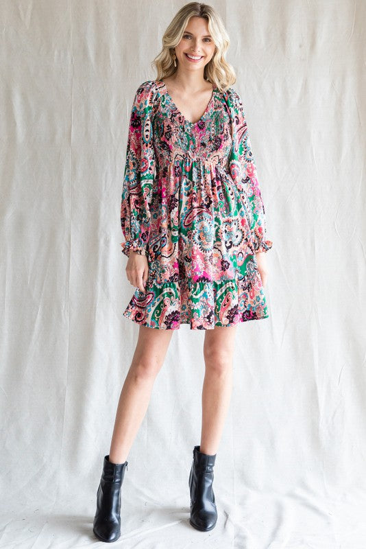 Pink Paisley Smocked Long Sleeve Dress