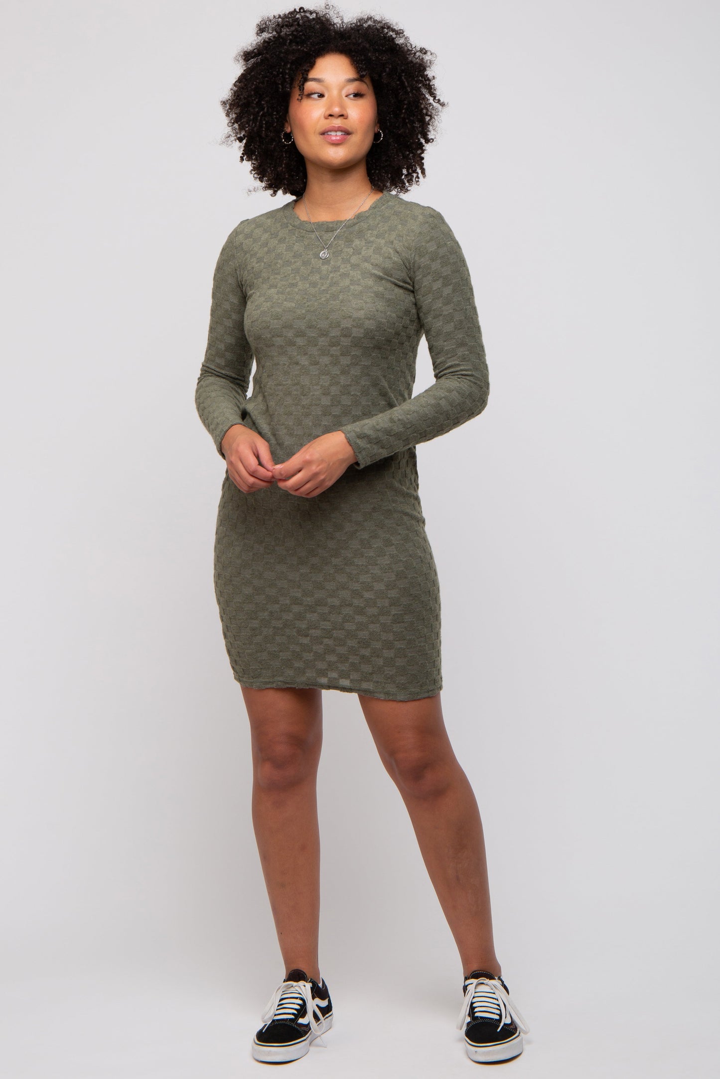 Olive Soft Brushed Knit Long Sleeve Dress