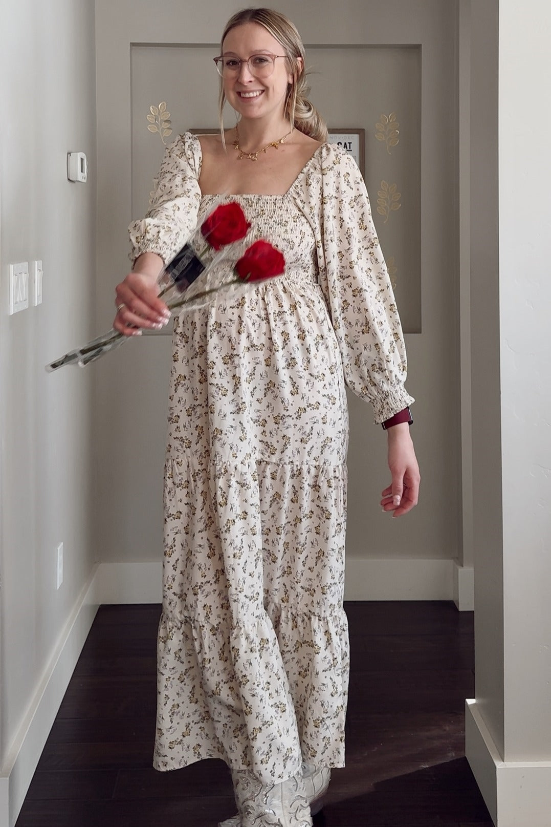 Cream Floral Smocked Long Sleeve Maternity Maxi Dress