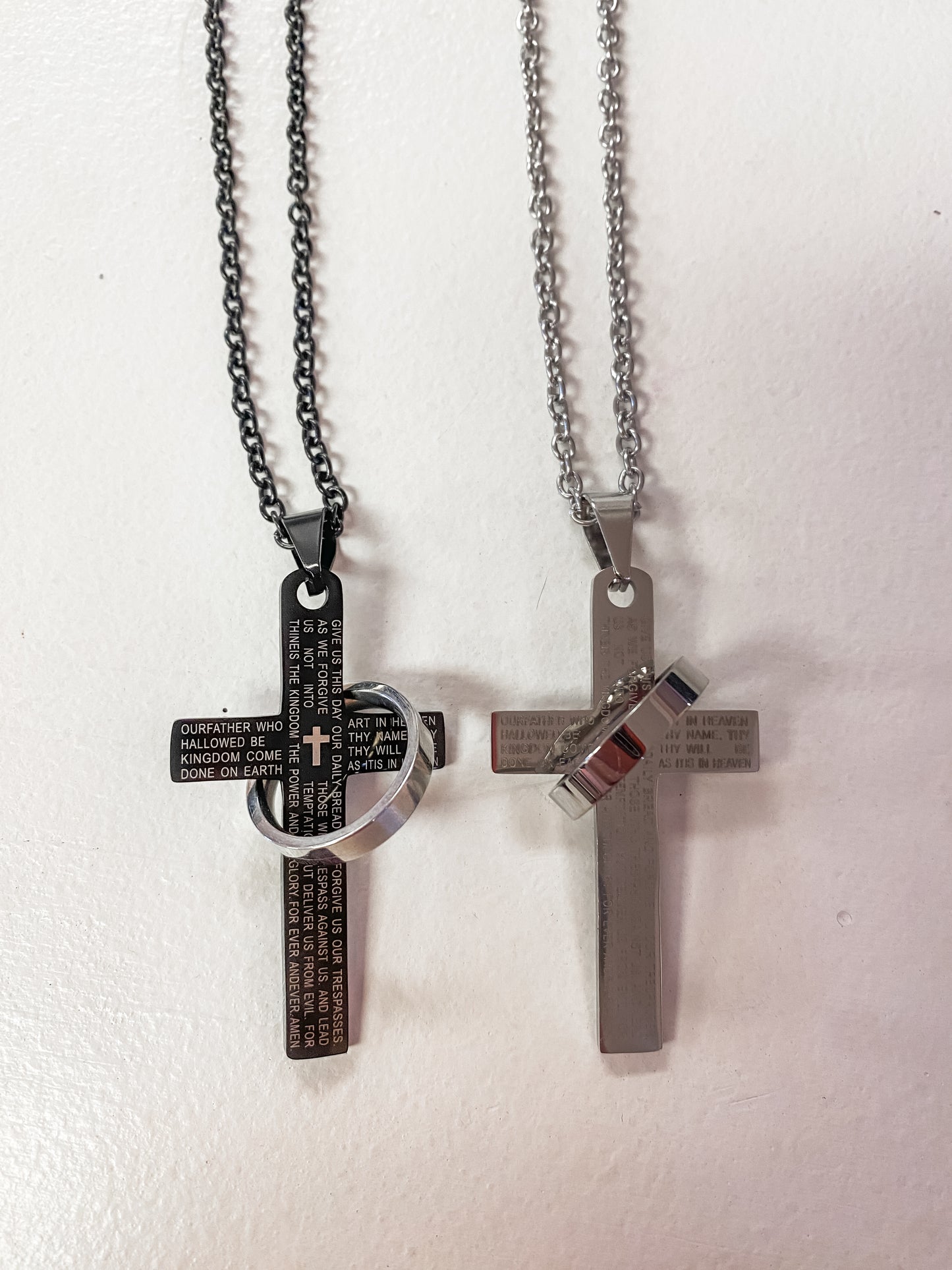 Stainless Steel Lord’s Prayer Cross Necklace with Spinner Ring – Black or Silver