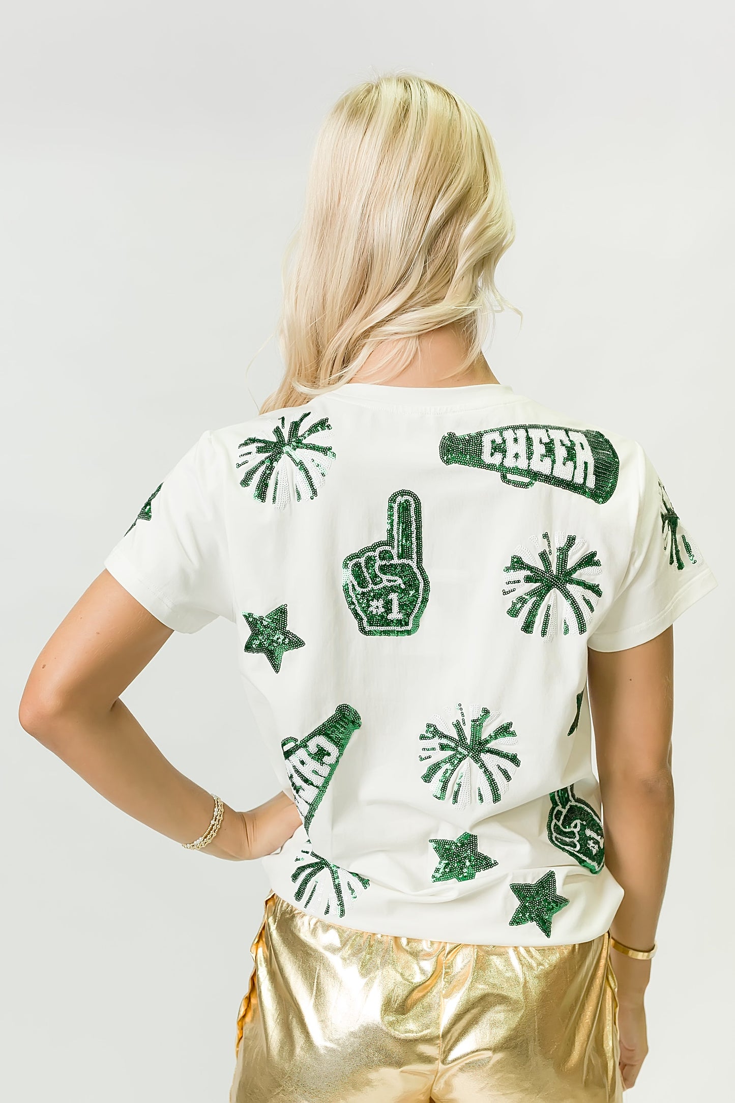 Women's Green & White Cheer Sequin Tee