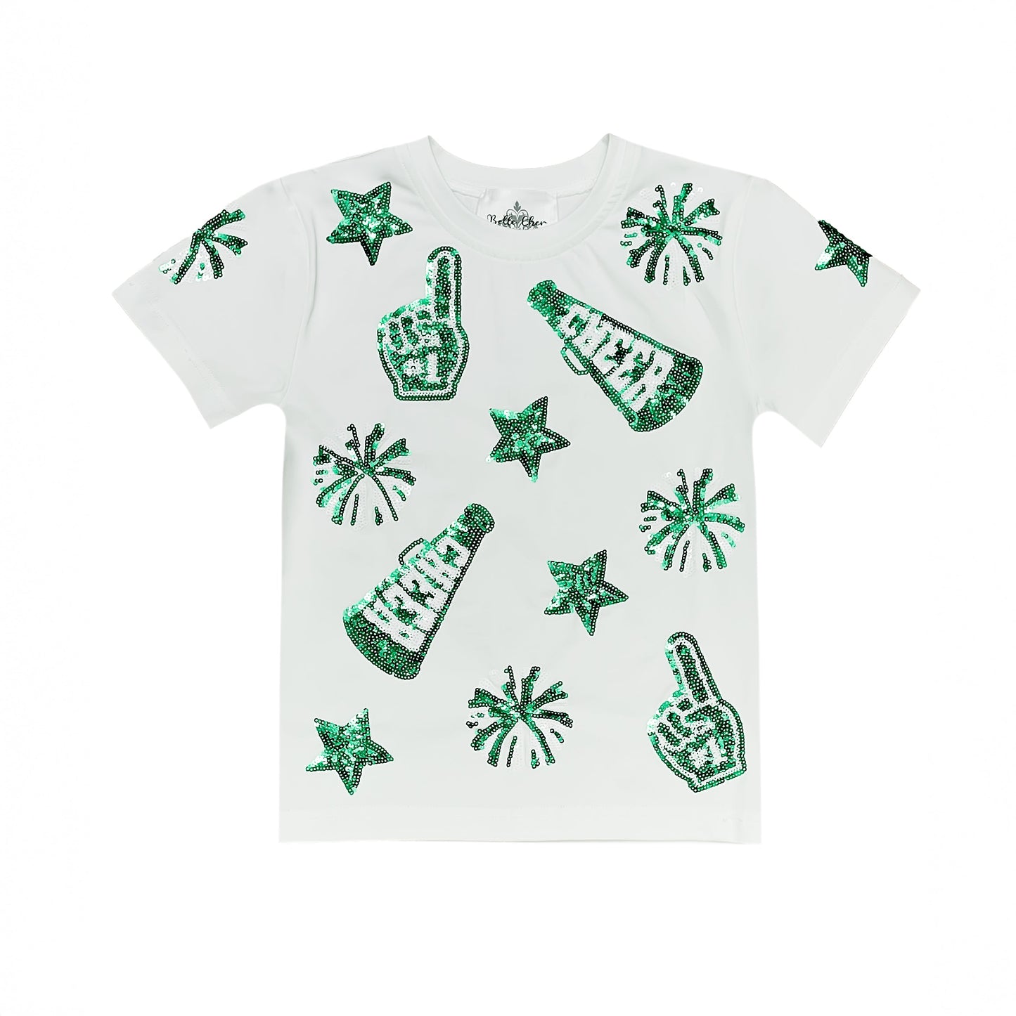 Kids' Green & White Cheer Sequin Tee