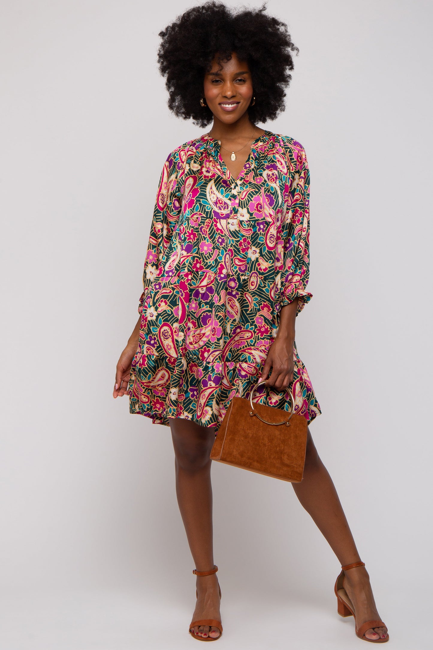 Teal Floral Button Front Tiered Maternity Dress