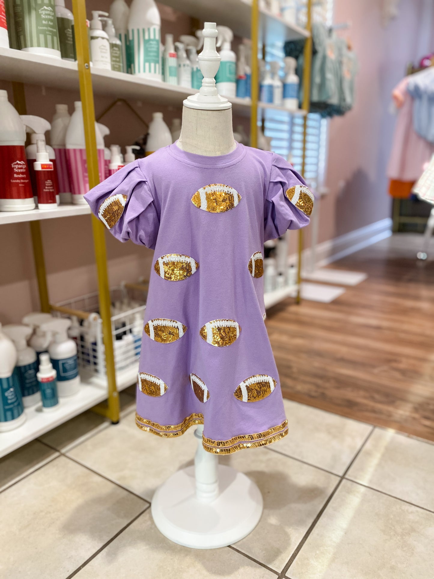 Purple Sequin Football Dress – Girls Bubble Sleeve Game Day A-Line