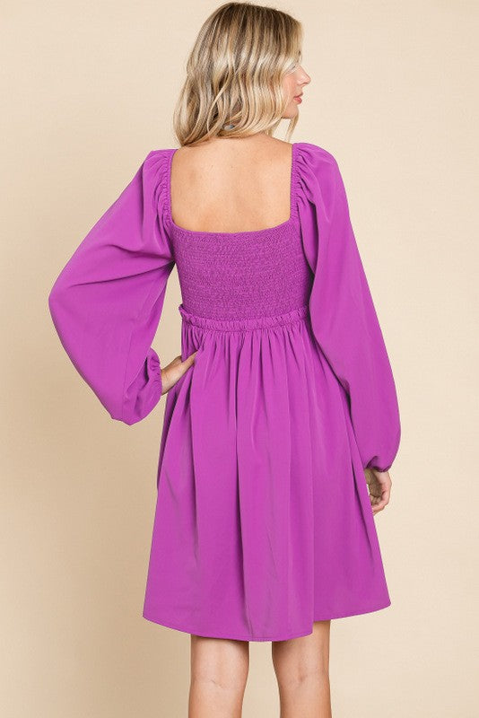 Purple Gathered Waist Long Sleeve Dress