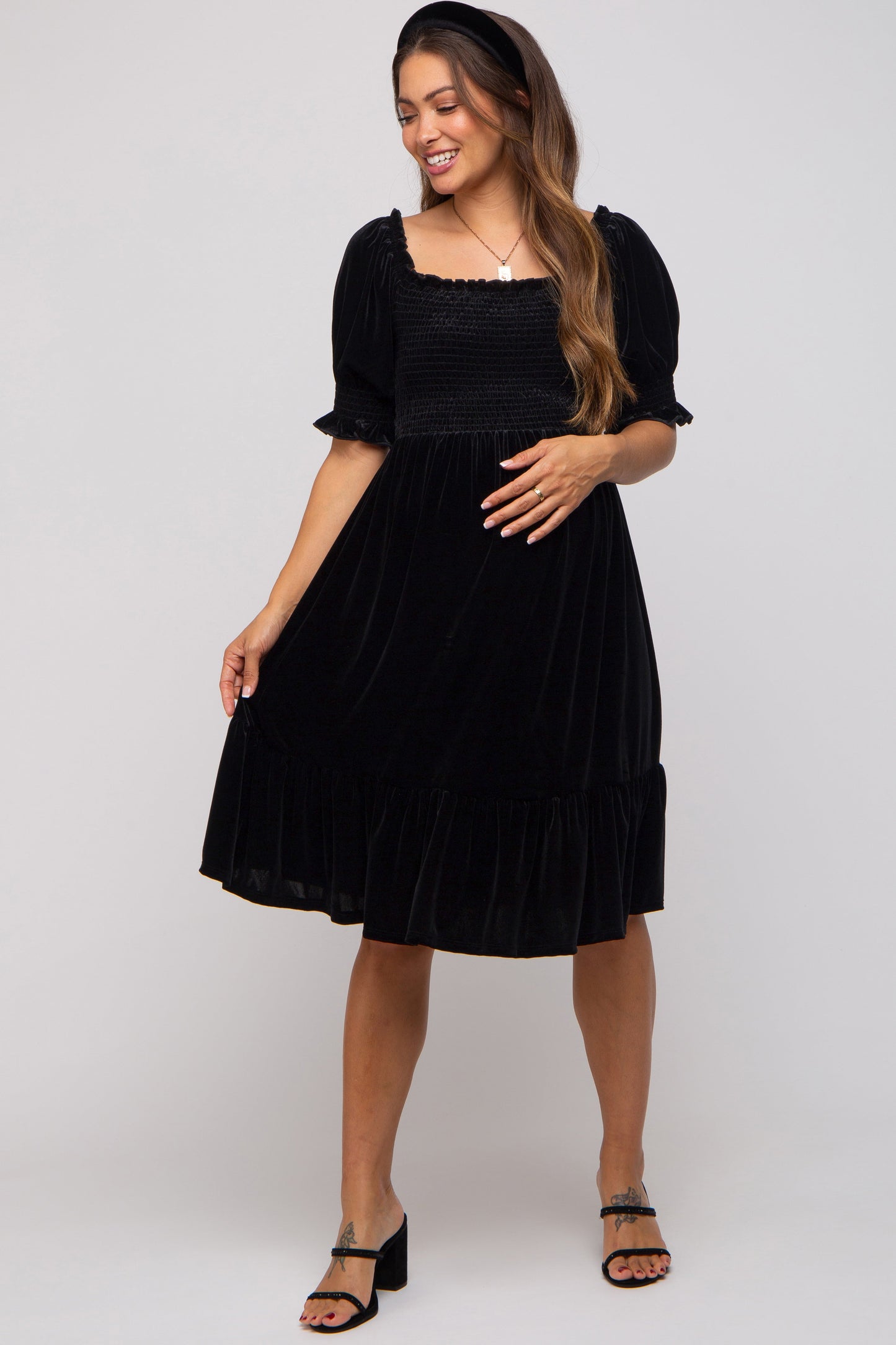 Black Velvet Smocked Puff Sleeve Maternity Dress