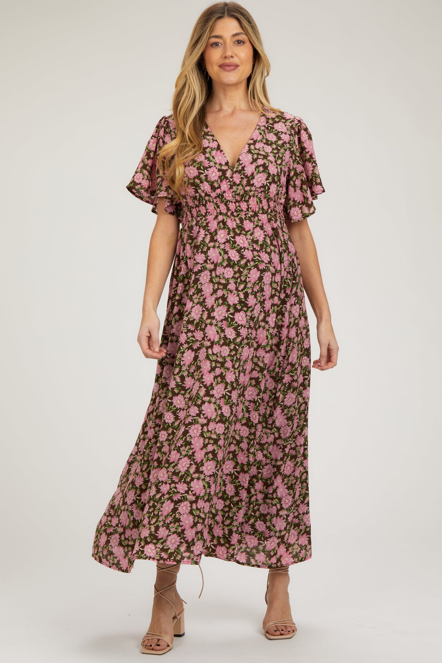 Brown Floral Smocked Waist Maternity Maxi Dress