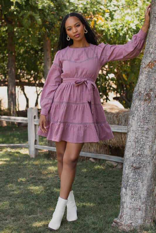 Dark Mauve Lace Inlay Long Sleeve Mini Dress