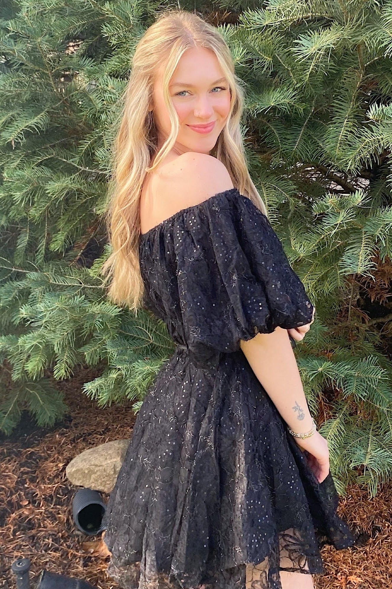 Black Sequined Lace Flared Mini Dress