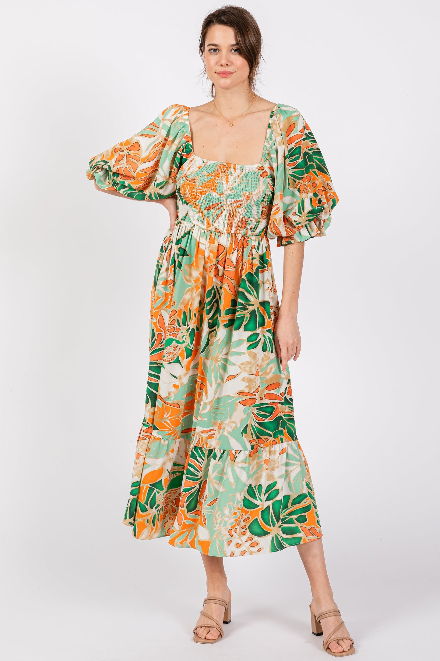 Orange Leaf Print Puff Sleeve Smocked Maternity Midi Dress