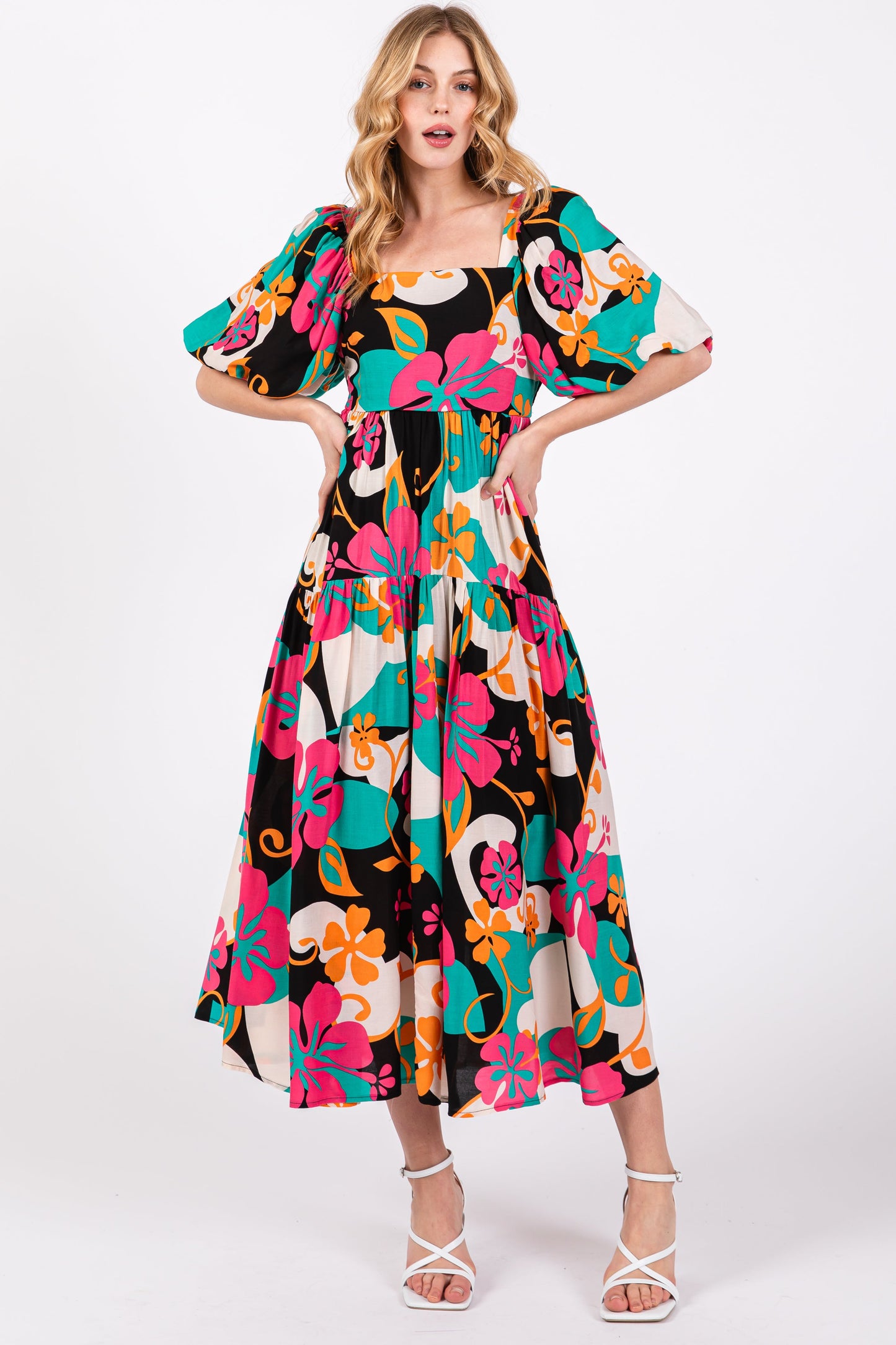 Black Floral Tiered Puff Sleeve Maternity Midi Dress