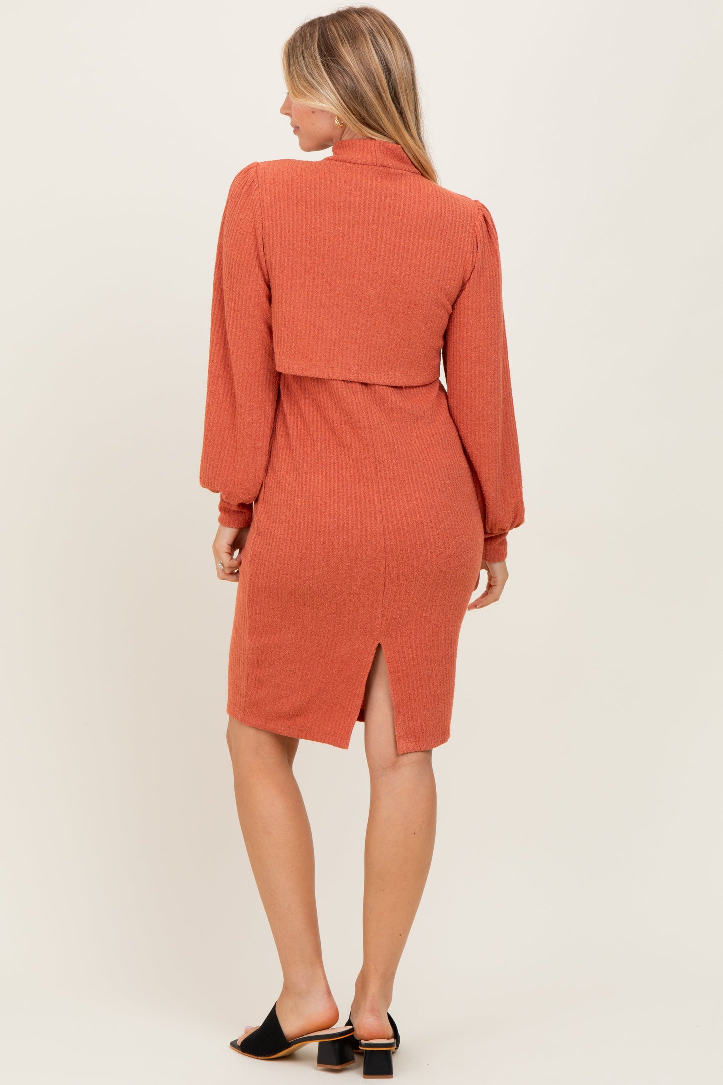 Rust Rib Knit Mock Neck Nursing Dress