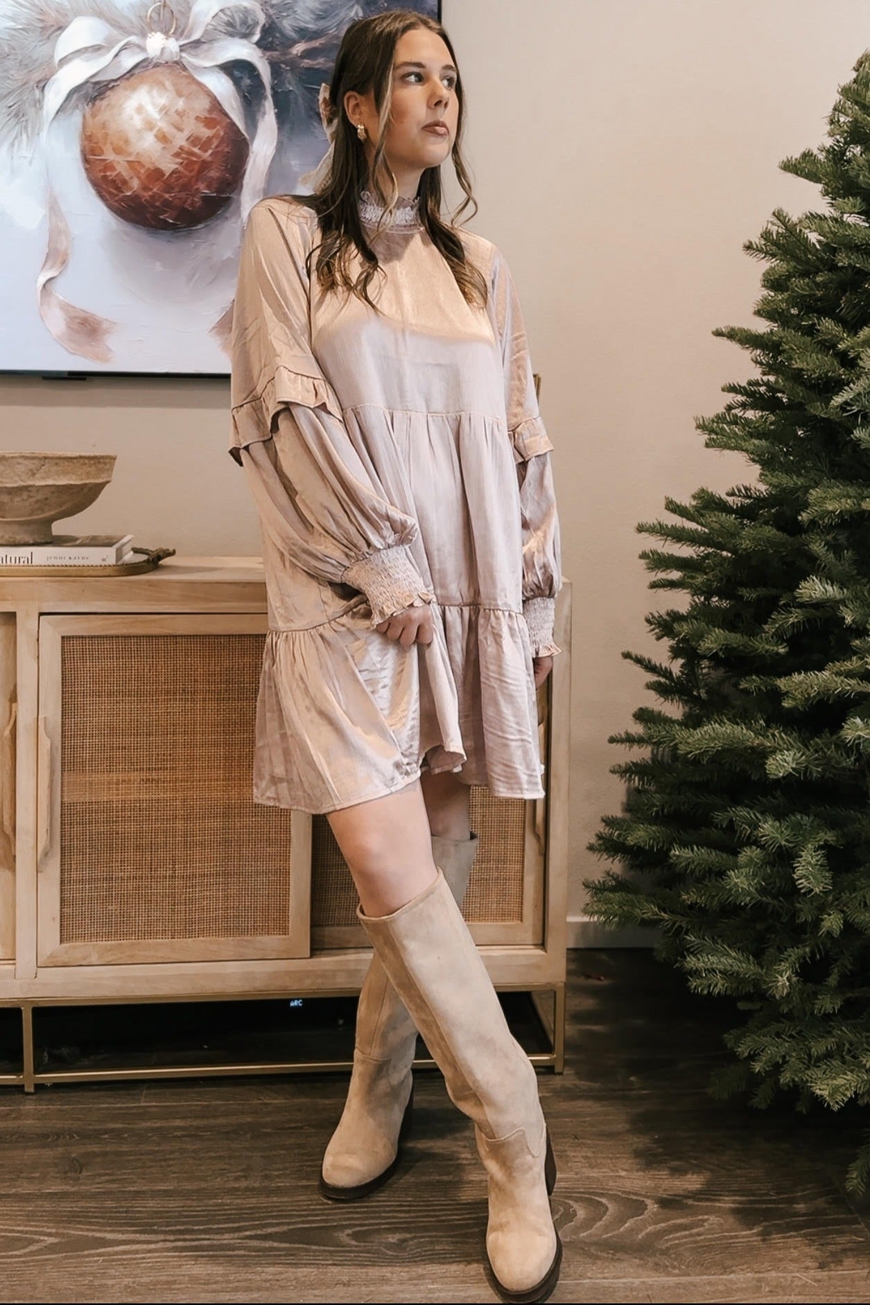 Champagne Mock Neck Tiered Mini Dress