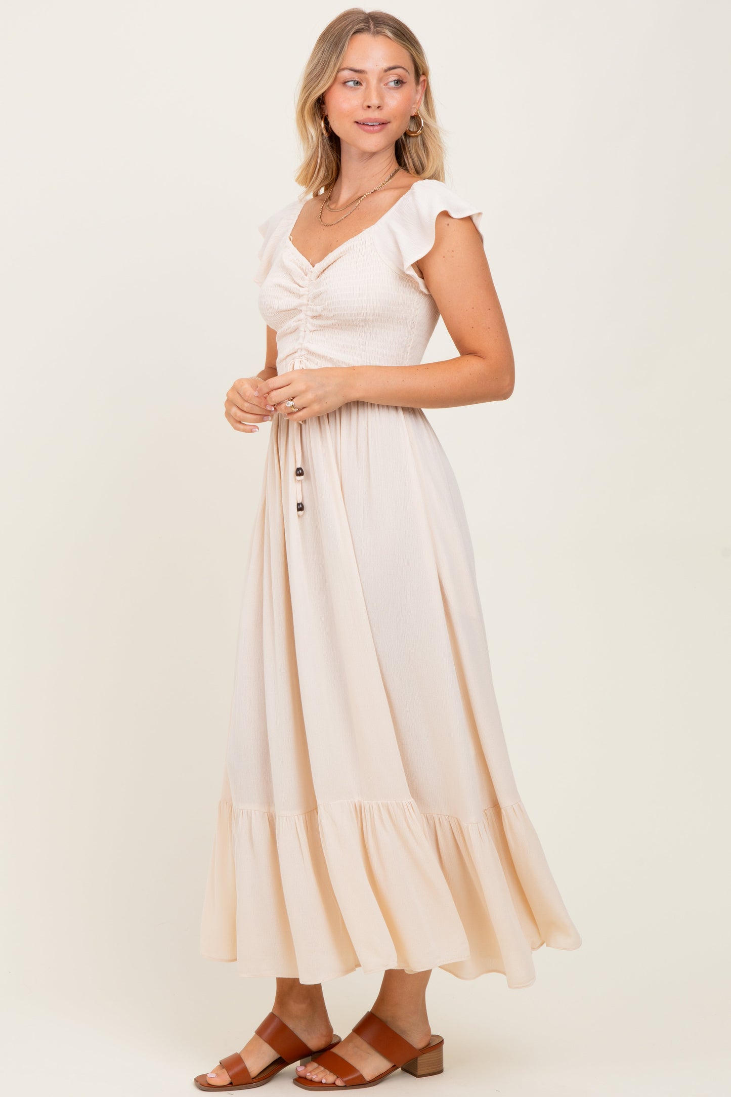 Beige Smocked Ruched Ruffle Hem Maxi Dress