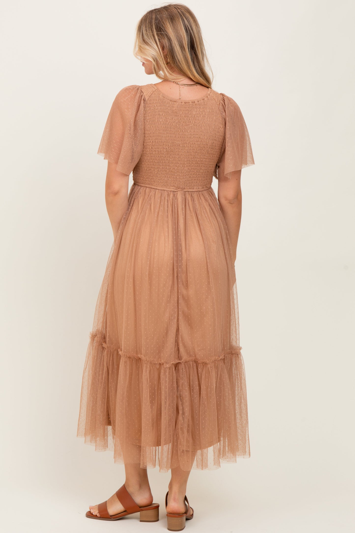 Camel Dotted Tulle Smocked Midi Dress