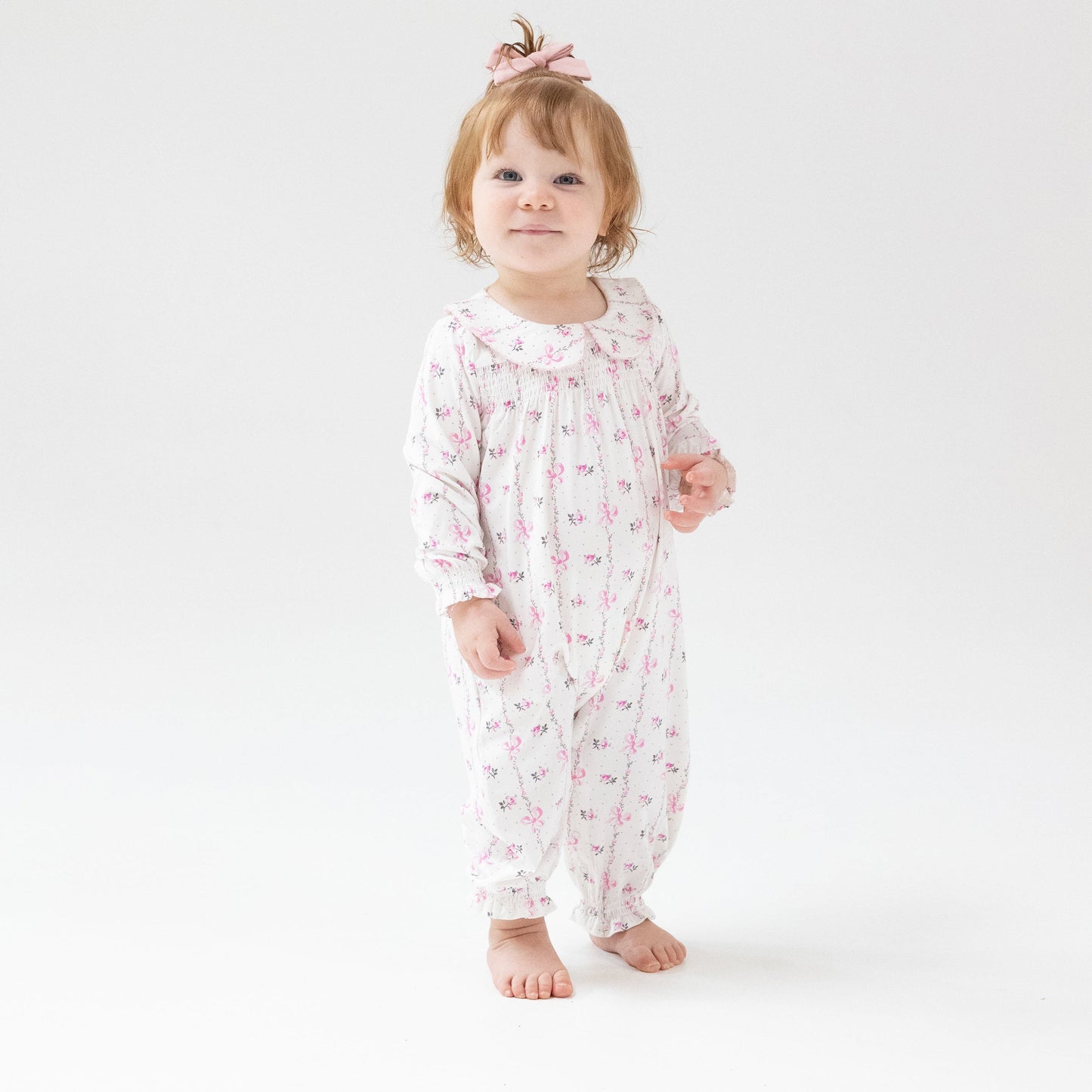 Smocked Long Sleeve Romper with Peter Pan Collar