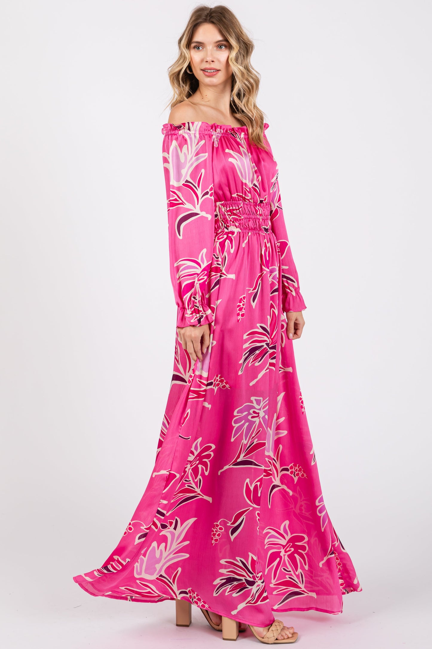 Fuchsia Floral Ruffle Neck Maxi Dress