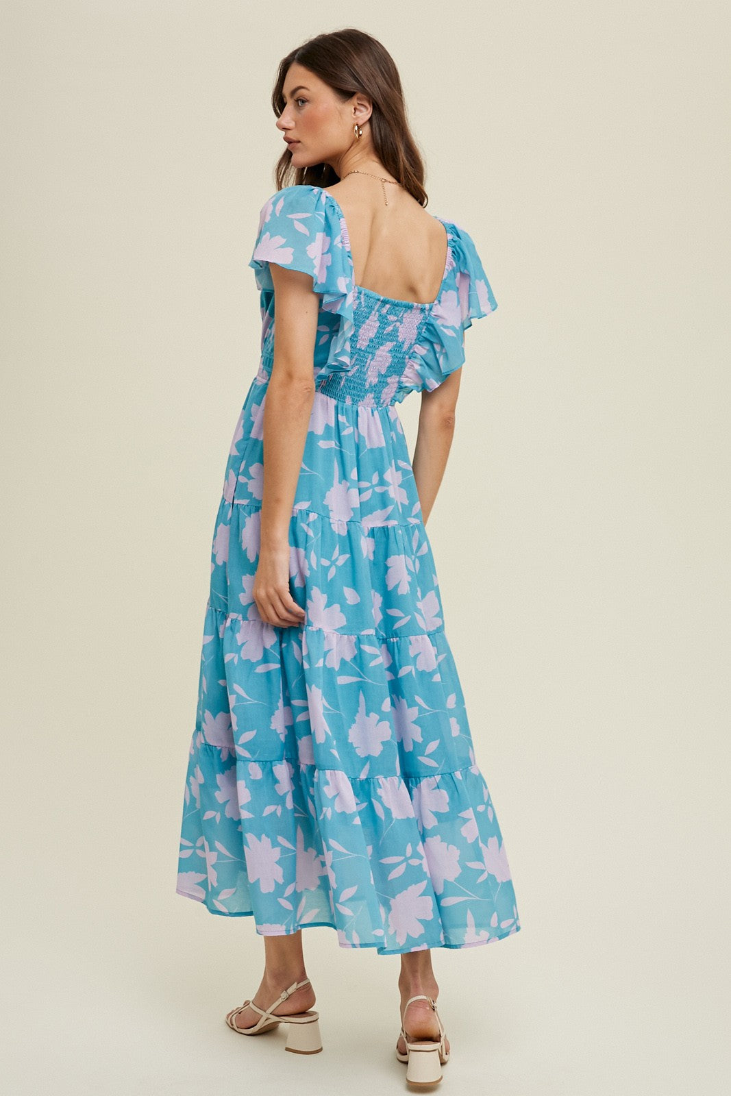 Blue Floral Flutter Sleeve Tiered Maxi Dress