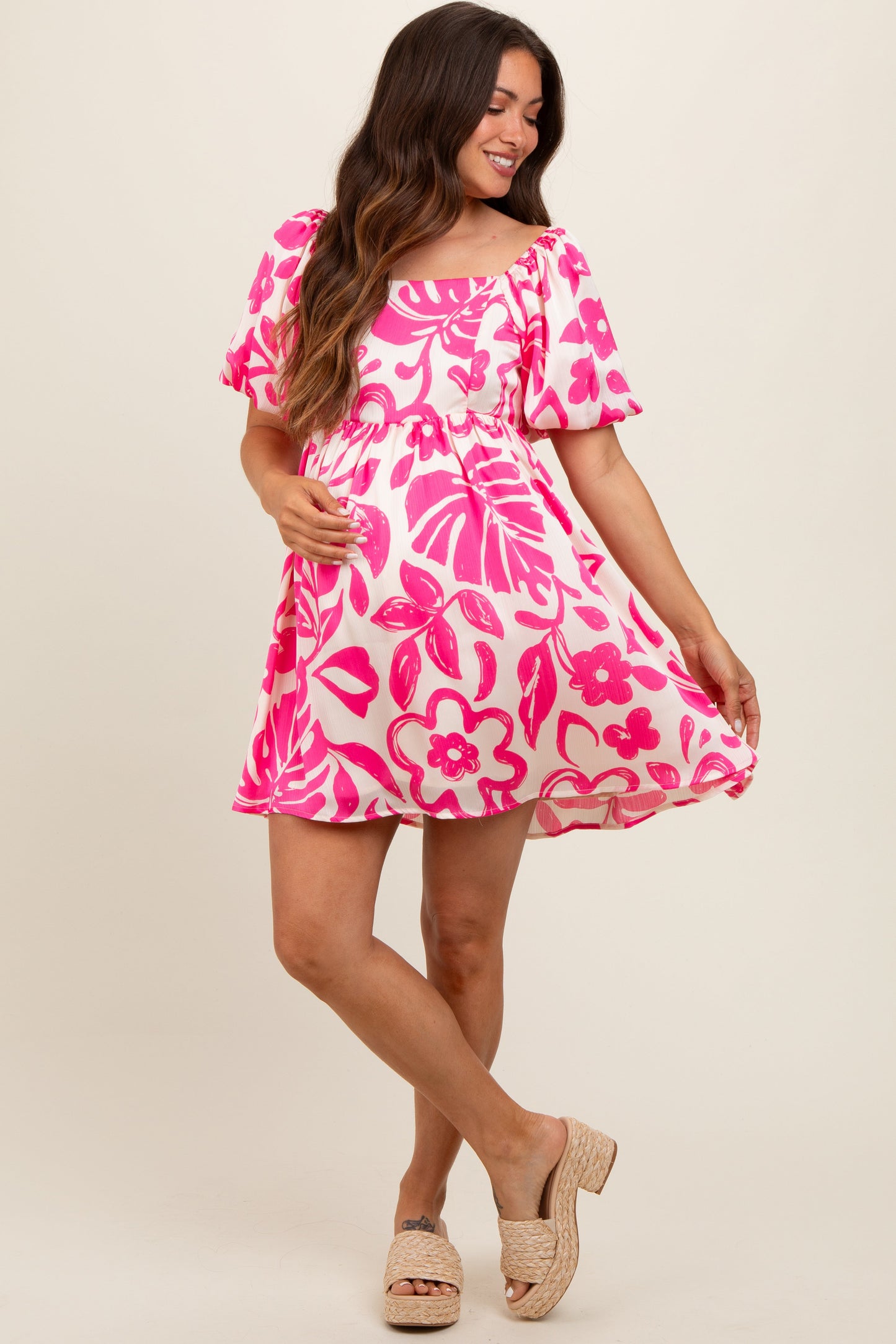 Fuchsia Floral Puff Sleeve Maternity Dress