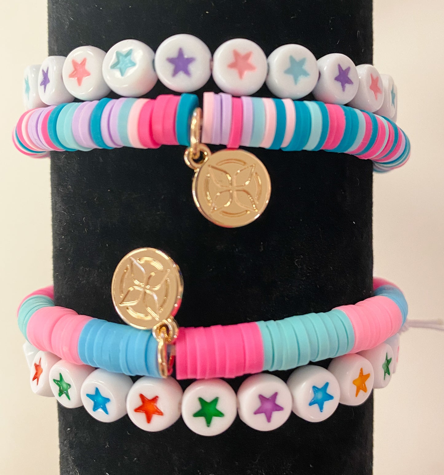 Kids Set of 2, Multi Rubber Disk with Star Beaded Bracelet