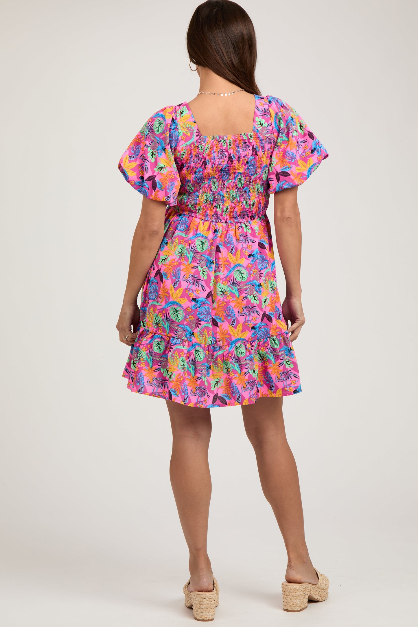 Pink Multi-Color Tropical Print Ruffle Hem Maternity Dress