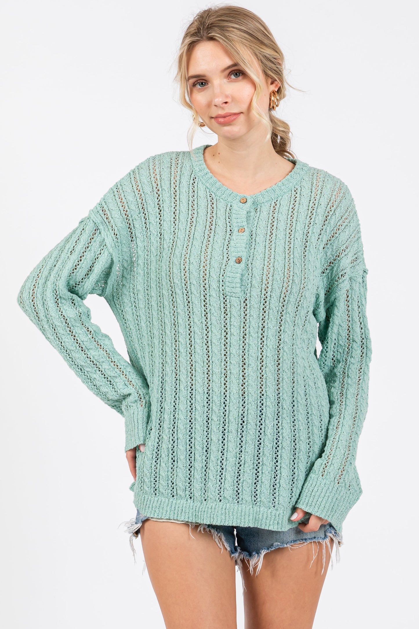 Mint Green Open Knit Front Button Maternity Sweater