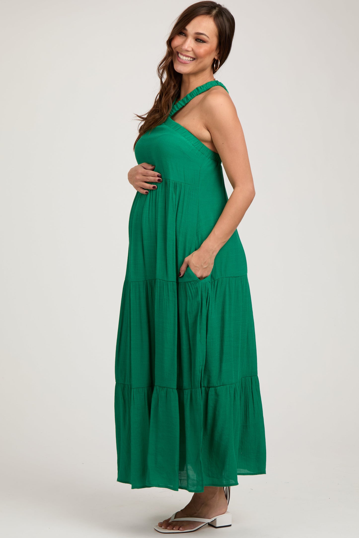Emerald Halter Tiered Maternity Maxi Dress
