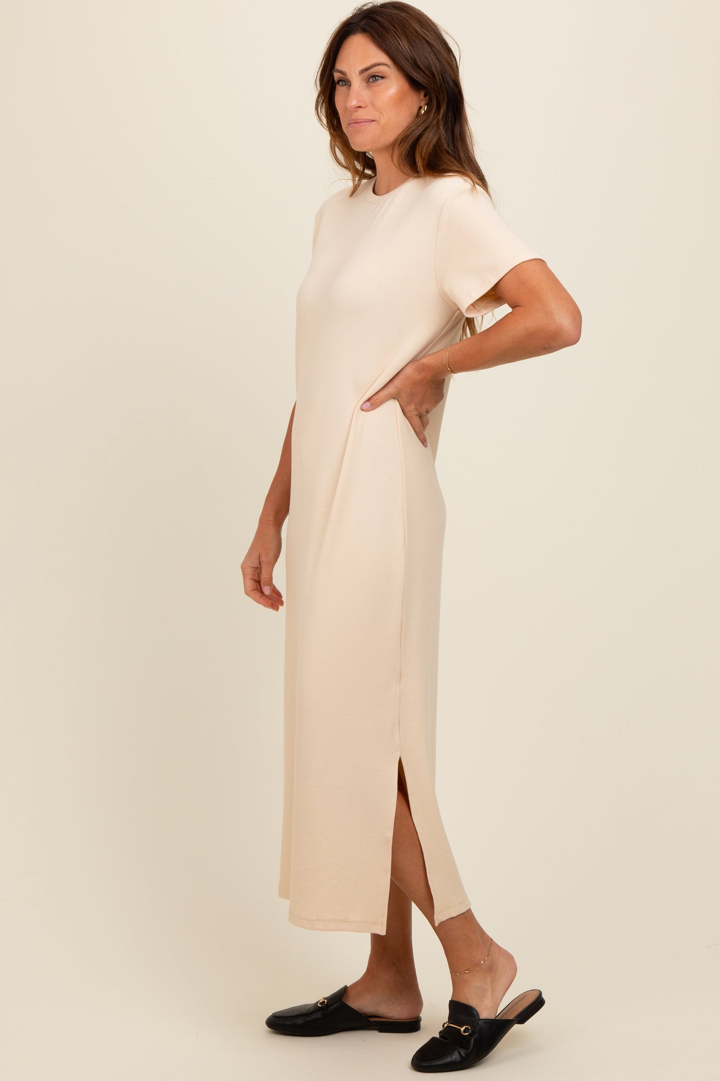 Cream Short Sleeve Side Slit T-Shirt Midi Dress