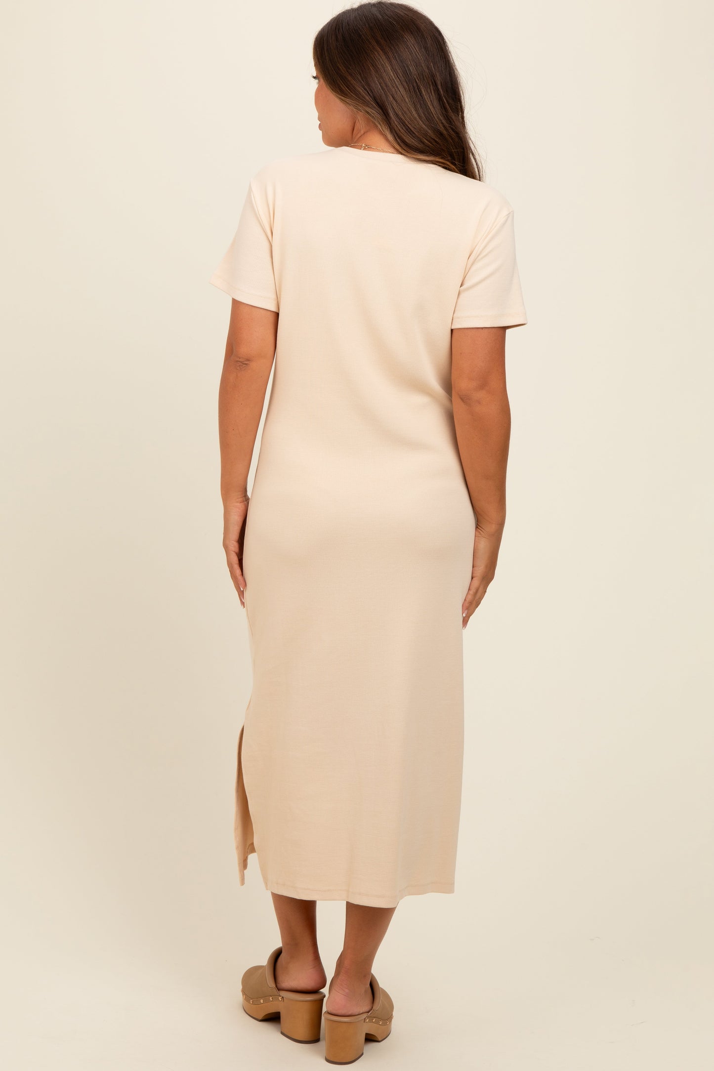 Cream Short Sleeve Side Slit Maternity T-Shirt Midi Dress