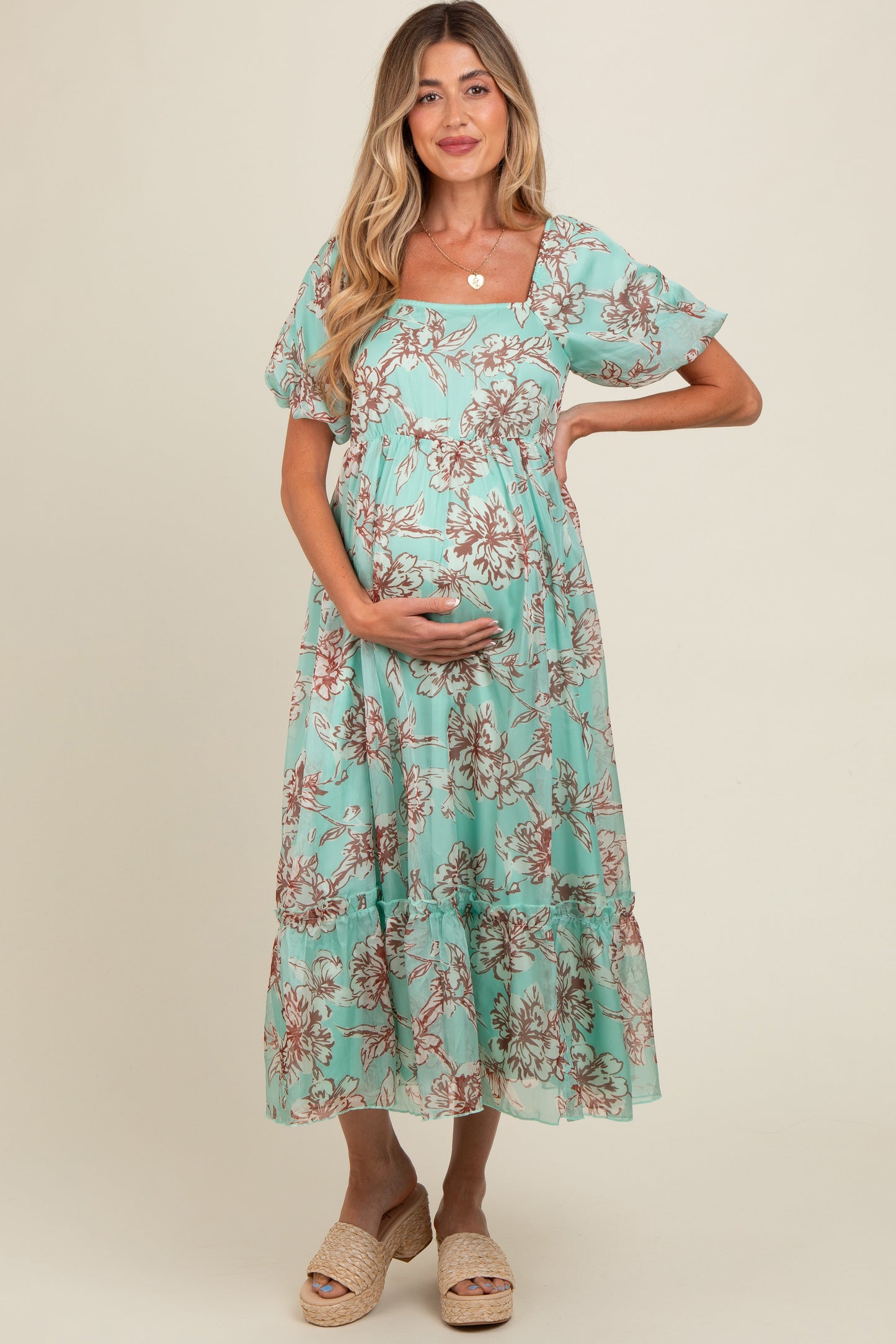 Mint Green Floral Chiffon Ruffle Hem Maternity Midi Dress