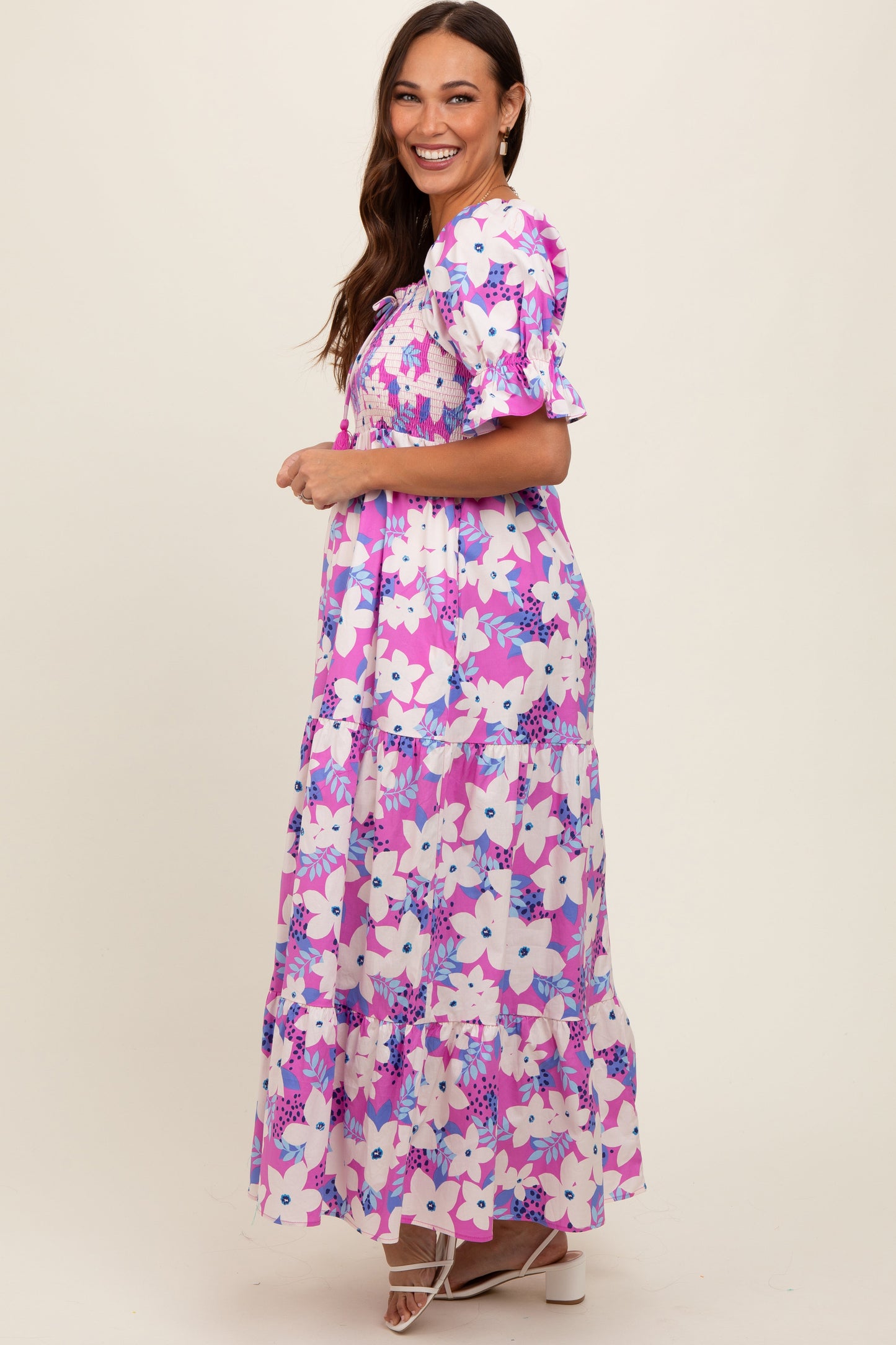 Magenta Floral Puff Sleeve Maternity Maxi Dress