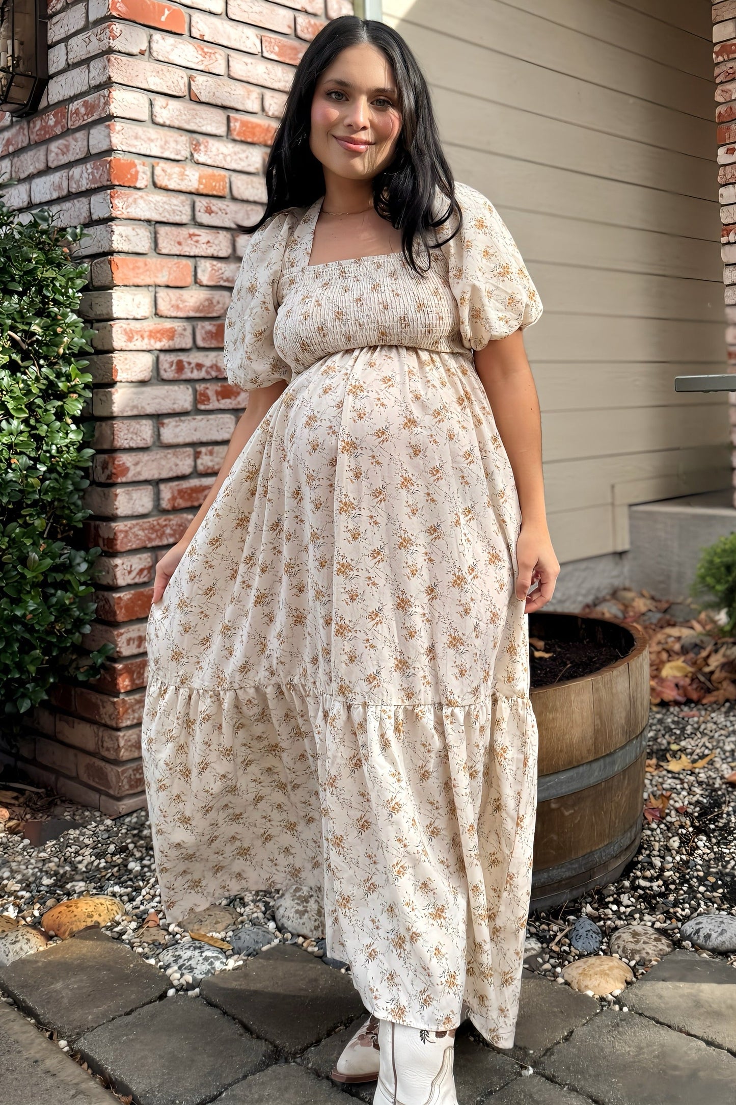 Cream Floral Smocked Square Neck Short Puff Sleeve Maternity Midi Dress